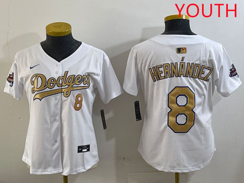 Youth Los Angeles Dodgers 8 Hernandez White Gold Game Nike 2025 MLB Jersey style 429